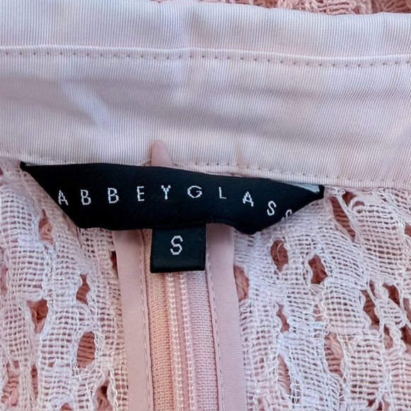 Abbey Glass Pink Lace Midi Dress Small Sheer Belted Collared - Picture 5 of 5
